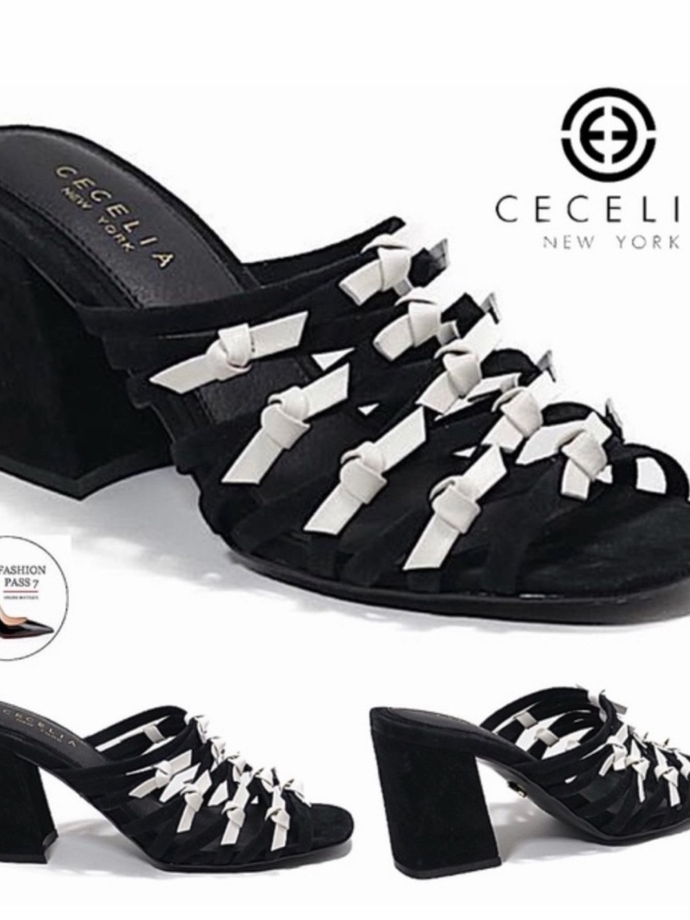 CECELIA NEW YORK Black and White Knotted Strappy Block Heel Mules